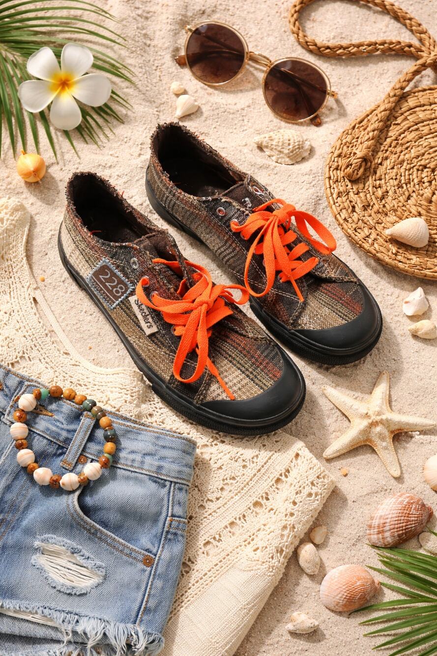 Y2K Skechers 228 Beach Access Plaid Canvas Sneakers Orange Women 7.5 Summer